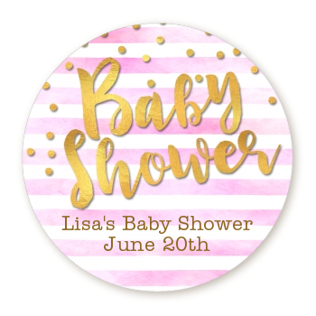  Faux Gold and Pink Stripes - Round Personalized Baby Shower Sticker Labels Baby Shower