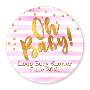  Faux Gold and Pink Stripes - Round Personalized Baby Shower Sticker Labels Baby Shower