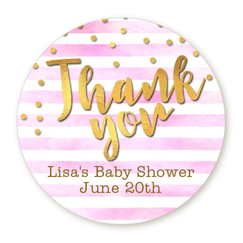  Faux Gold and Pink Stripes - Round Personalized Baby Shower Sticker Labels Baby Shower