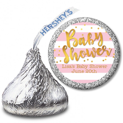  Faux Gold and Pink Stripes - Hershey Kiss Baby Shower Sticker Labels Baby Shower