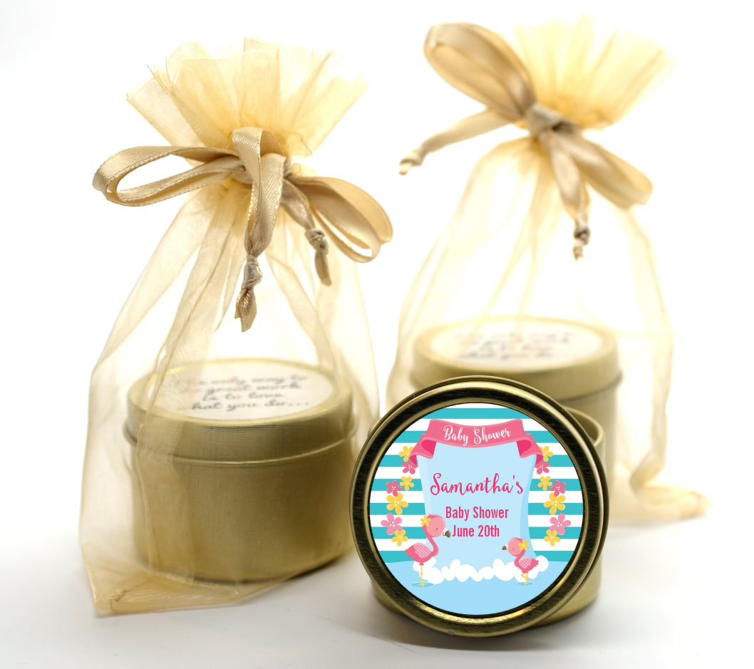  Flamingo - Baby Shower Gold Tin Candle Favors Baby Shower