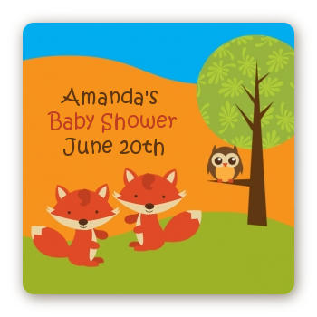 Forest Animals Twin Foxes - Square Personalized Baby Shower Sticker Labels