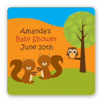 Forest Animals Twin Squirels - Square Personalized Baby Shower Sticker Labels