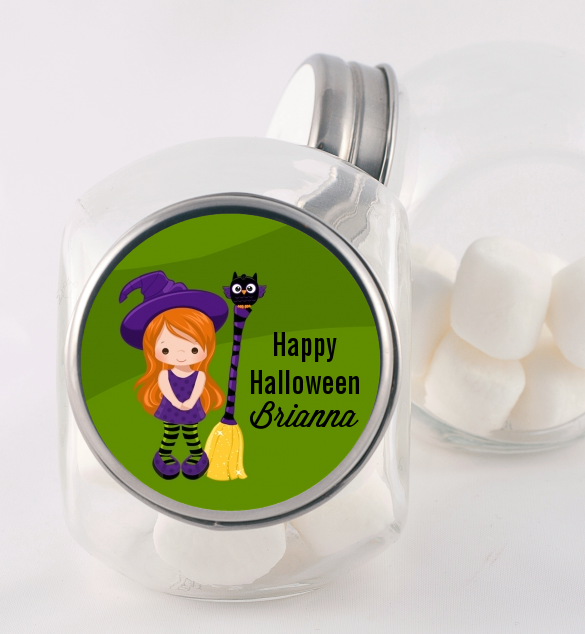  Friendly Witch Girl - Personalized Halloween Candy Jar Option 1