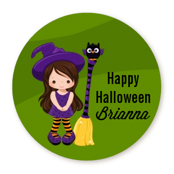  Friendly Witch Girl - Round Personalized Halloween Sticker Labels Option 1