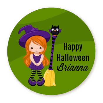  Friendly Witch Girl - Round Personalized Halloween Sticker Labels Option 1