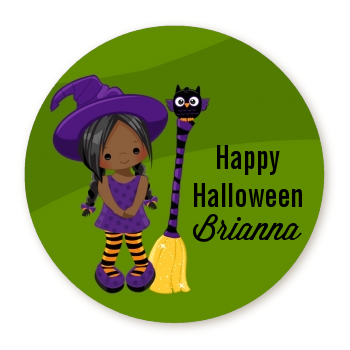  Friendly Witch Girl - Round Personalized Halloween Sticker Labels Option 1
