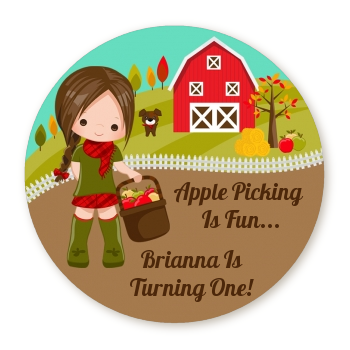  Country Girl Apple Picking - Round Personalized Birthday Party Sticker Labels Option 1 - Brown Hair