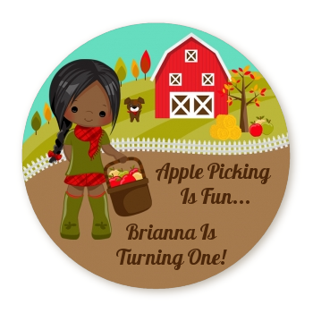  Country Girl Apple Picking - Round Personalized Birthday Party Sticker Labels Option 1 - Brown Hair