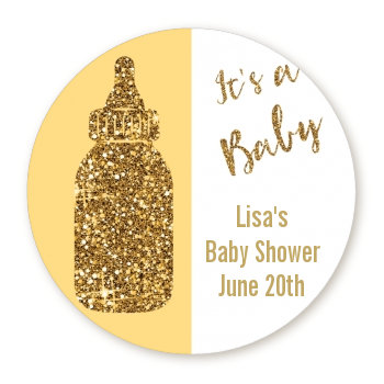  Gold Glitter Baby Bottle - Round Personalized Baby Shower Sticker Labels 