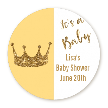  Gold Glitter Baby Crown - Round Personalized Baby Shower Sticker Labels 
