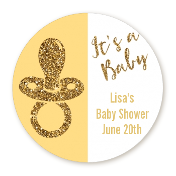  Gold Glitter Baby Pacifier - Round Personalized Baby Shower Sticker Labels 