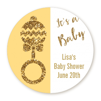  Gold Glitter Baby Rattle - Round Personalized Baby Shower Sticker Labels 