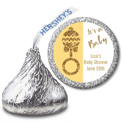 Gold Glitter Baby Rattle - Hershey Kiss Baby Shower Sticker Labels