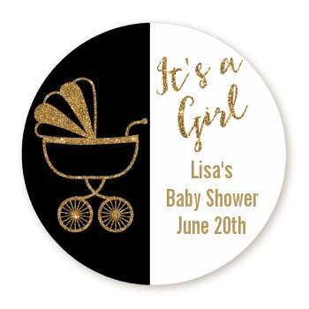  Gold Glitter Black Carriage - Round Personalized Baby Shower Sticker Labels 