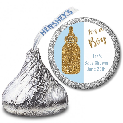 Gold Glitter Blue Baby Bottle - Hershey Kiss Baby Shower Sticker Labels