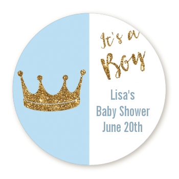  Gold Glitter Blue Crown - Round Personalized Baby Shower Sticker Labels Option 1