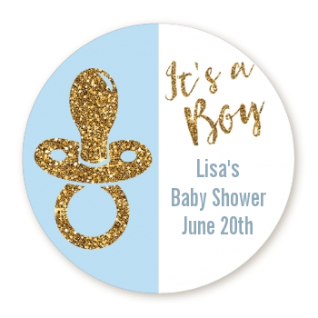  Gold Glitter Blue Pacifier - Round Personalized Baby Shower Sticker Labels Option 1