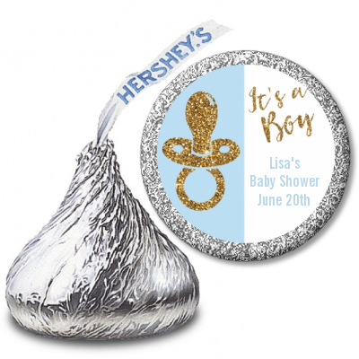 Gold Glitter Blue Pacifier - Hershey Kiss Baby Shower Sticker Labels