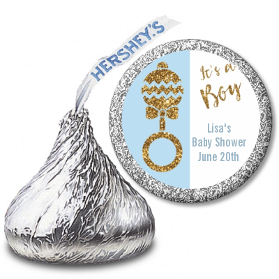 Gold Glitter Blue Rattle - Hershey Kiss Baby Shower Sticker Labels