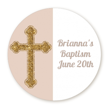  Gold Glitter Cross Beige - Round Personalized Baptism / Christening Sticker Labels 