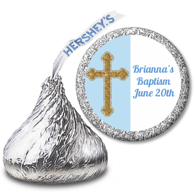 Gold Glitter Cross Blue - Hershey Kiss Baptism / Christening Sticker Labels