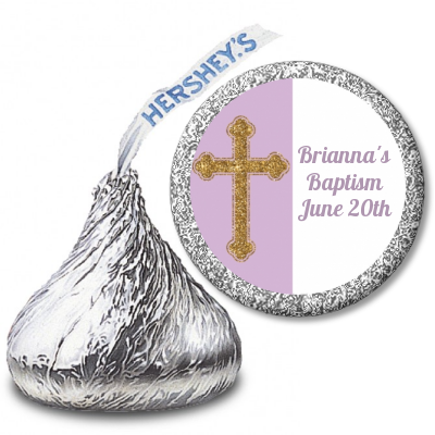 Gold Glitter Cross Lavendar - Hershey Kiss Baptism / Christening Sticker Labels