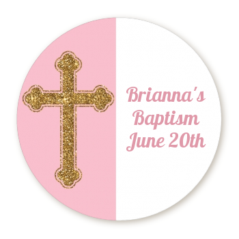  Gold Glitter Cross Pink - Round Personalized Baptism / Christening Sticker Labels 