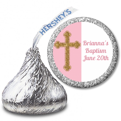 Gold Glitter Cross Pink - Hershey Kiss Baptism / Christening Sticker Labels