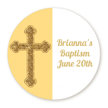 Gold Glitter Cross Yellow - Round Personalized Baptism / Christening Sticker Labels 