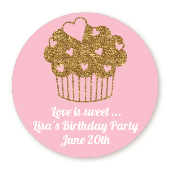  Gold Glitter Cupcake - Round Personalized Birthday Party Sticker Labels 