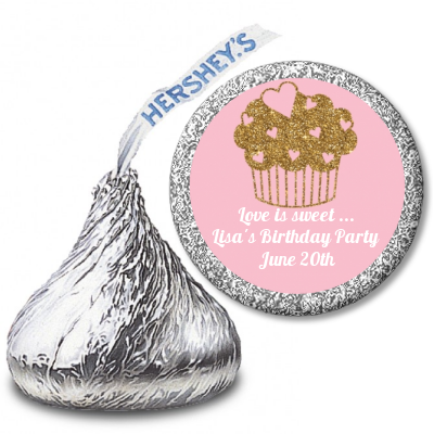 Gold Glitter Cupcake - Hershey Kiss Birthday Party Sticker Labels