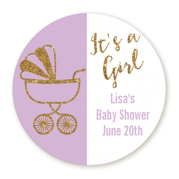  Gold Glitter Lavender Carriage - Round Personalized Baby Shower Sticker Labels 