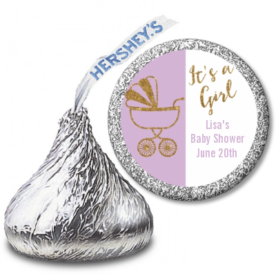 Gold Glitter Lavender Carriage - Hershey Kiss Baby Shower Sticker Labels