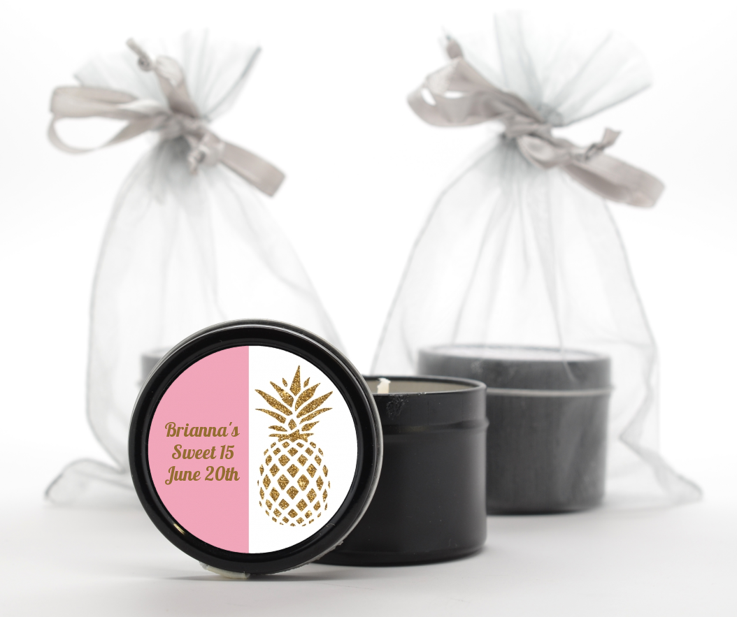  Gold Glitter Pineapple - Birthday Party Black Candle Tin Favors Option 1