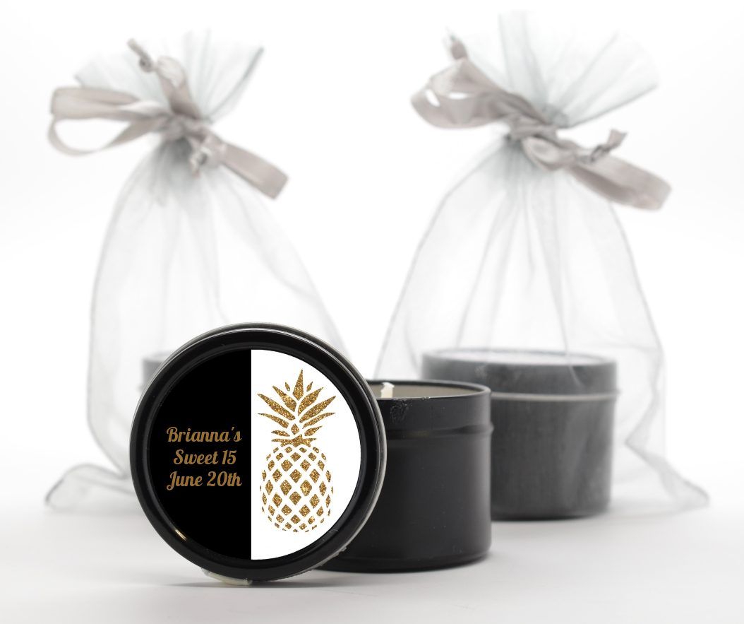  Gold Glitter Pineapple - Birthday Party Black Candle Tin Favors Option 1