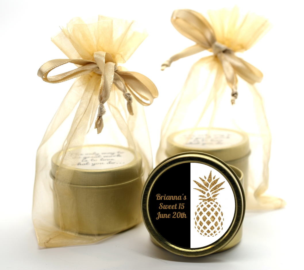  Gold Glitter Pineapple - Birthday Party Gold Tin Candle Favors Option 1