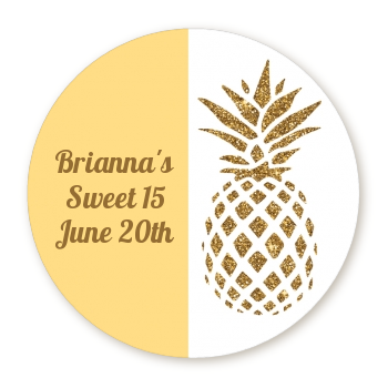  Gold Glitter Pineapple - Round Personalized Birthday Party Sticker Labels Option 1