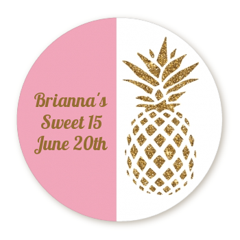  Gold Glitter Pineapple - Round Personalized Birthday Party Sticker Labels Option 1