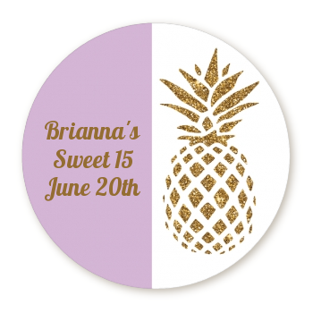  Gold Glitter Pineapple - Round Personalized Birthday Party Sticker Labels Option 1