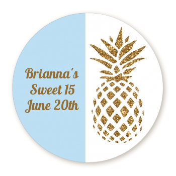  Gold Glitter Pineapple - Round Personalized Birthday Party Sticker Labels Option 1