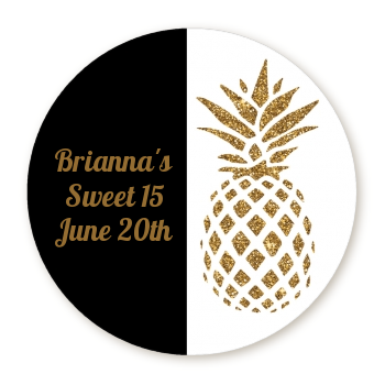  Gold Glitter Pineapple - Round Personalized Birthday Party Sticker Labels Option 1