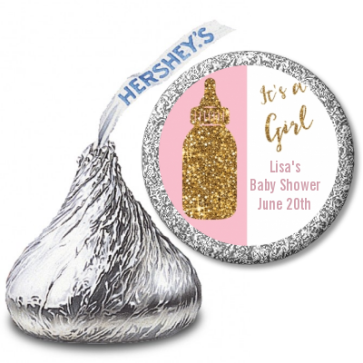 Gold Glitter Pink Baby Bottle - Hershey Kiss Baby Shower Sticker Labels