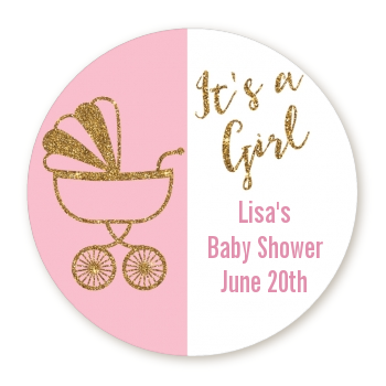  Gold Glitter Pink Carriage - Round Personalized Baby Shower Sticker Labels 