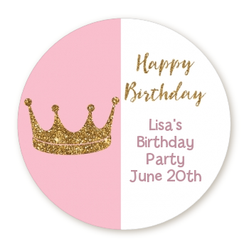  Gold Glitter Pink Crown - Round Personalized Birthday Party Sticker Labels Pink