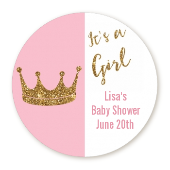  Gold Glitter Pink Crown - Round Personalized Baby Shower Sticker Labels Pink