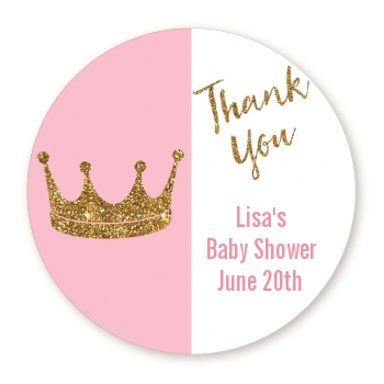  Gold Glitter Pink Crown - Round Personalized Baby Shower Sticker Labels Pink