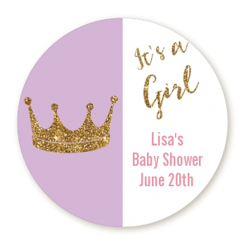  Gold Glitter Pink Crown - Round Personalized Baby Shower Sticker Labels Pink