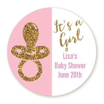  Gold Glitter Pink Pacifier - Round Personalized Baby Shower Sticker Labels Option 1