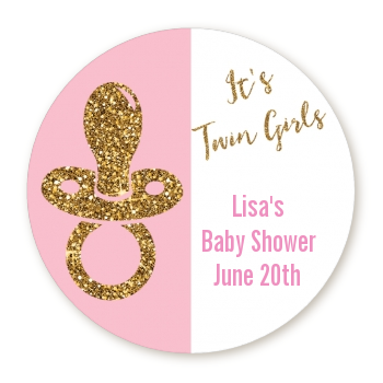  Gold Glitter Pink Pacifier - Round Personalized Baby Shower Sticker Labels Option 1